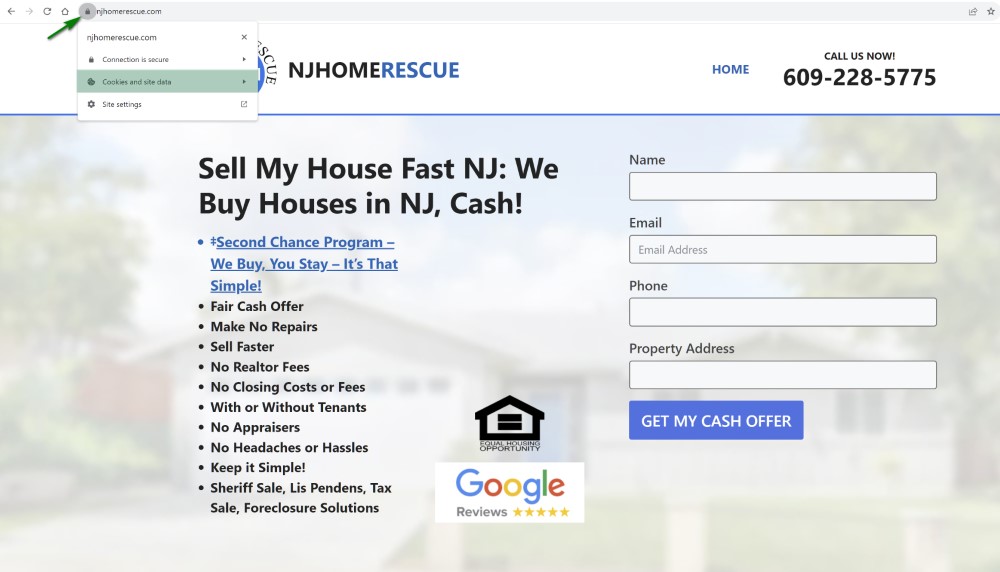 Image of cookie location onNJHomeRescue.com How to determine what cookies are utilized by NJHomeRescue.com.